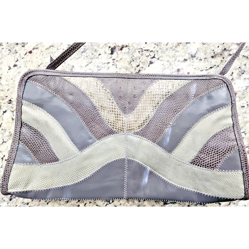 STEGIO GENIUNE LEATHER GRAY OSTRICH Clutch Handbag w/ Strap